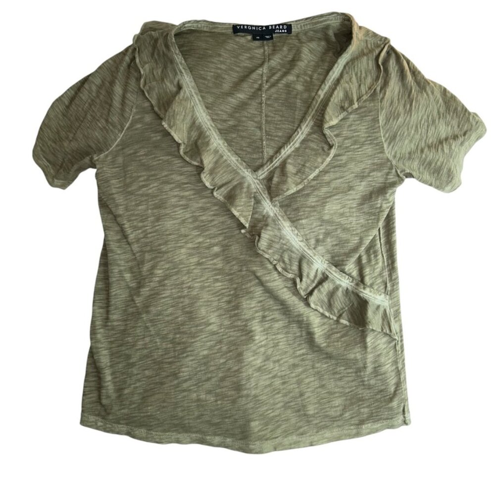 Veronica Beard NEW olive army green dyed faux wrap ruffle t-shirt  top…